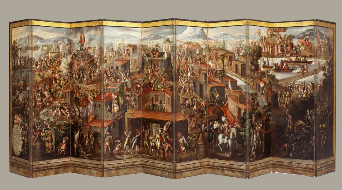 Folding Screen with the Conquest of Mexico (front); Mexico, late 17th century, collection of Vera Da Costa Autrey, Mexico