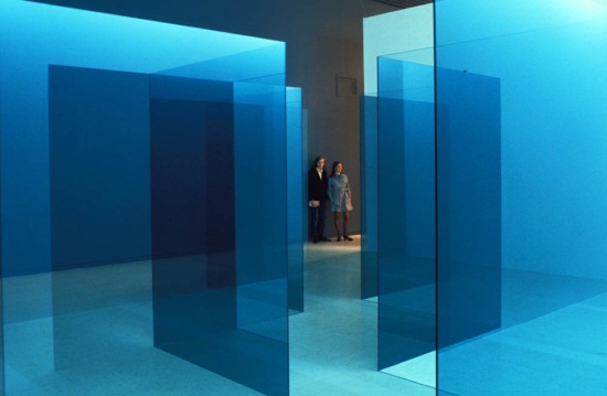 Larry Bell, no title, 1969. As installed in "14 Sculptors: The Industrial Edge," Dayton's Auditorium, Walker Art Center, 1969. Photograph courtesy Walker Art Center.