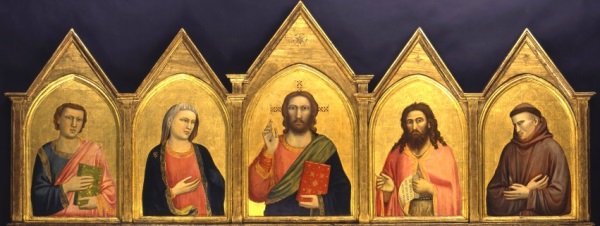 Giotto, Christ Blessing with Saint John the Evangelist, the Virgin Mary, Saint John the Baptist, and Saint Francis (Peruzzi Altarpiece), about 1310–1315. Collection of the North Carolina Museum of Art, Raleigh.