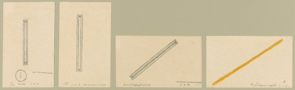 Dan Flavin, one (to William of Ockham), 1963; one (to William of Ockham), 1963; the diagonal of personal ecstasy, 1963; the gold diagonal (completed), 1963.