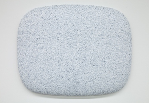 Tom Friedman, Untitled (pixilated static), 2012. A sheet of Styrofoam was carved into a form simulating the curvature of an old television screen. A grid was then drawn onto the surface. A photograph of television static was pixilated, then printed as a value reference for squares cut out of paint adhered to the surface within the grid.