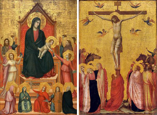 Left: Giotto, The Virgin and Child with Saints and Allegorical Figures, about 1315–20. Right: Giotto, The Crucifixion, about 1315-20. Collection of the Musée des Beaux-Arts de Strasbourg.