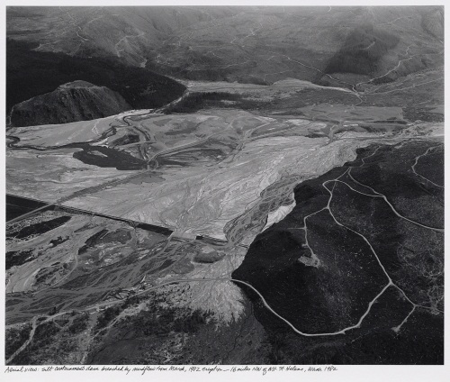 Frank Gohlke, Aerial View, Silt Containment Dam Breached by Mudflow from April, 1982 Eruption, 16 Miles NW of Mt. Saint Helens, Washington, 1982.