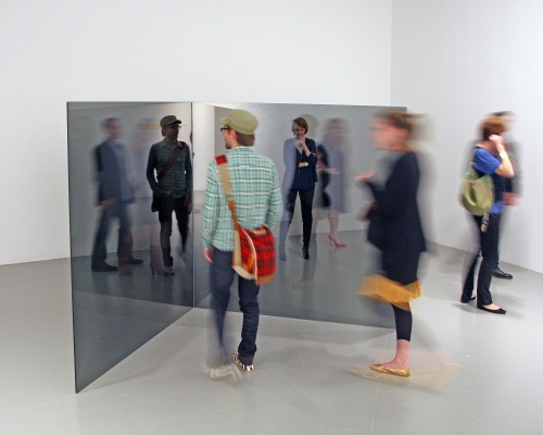 Larry Bell, Two Glass Walls -- Diagonal Top, 1973. Vacuum-plated glass, 71 7/8 x 103 1/8 x 49 7/8 in. (182.6 x 261.9 x 126.7 cm); as installed. Collection of the Hirshhorn Museum and Sculpture Garden, Washington. Photo: Colin Johnson.