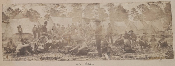 Jay Dearborn Edwards, Scrapbook 2, page 2 - Photographs by J.D. Edwards depicting Confederate soldiers drilling and at rest near Pensacola, Florida, and environs (detail), c. 1861. Collection of The Huntington Library, Art Collection and Botanical Gardens.