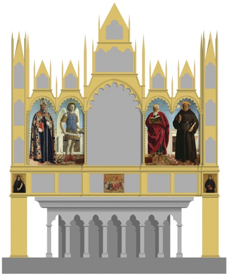 Hypothetical reconstruction of Piero’s altarpiece for the Church of Sant’Agostino, Borgo San Sepolcro, showing the position of seven of the altarpiece’s eight surviving panels. The eighth panel, Saint Apollonia, is not illustrated in this view as it was located on the side of the altarpiece.