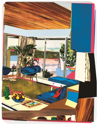 Mickalene Thomas, Interior: Blue Couch with Green Owl, 2012