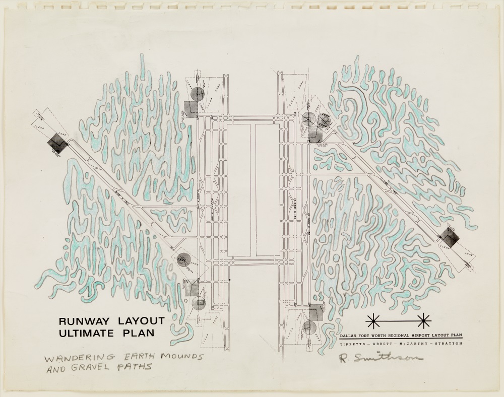 Robert Smithson, Dallas-Fort Worth Regional Airport Layout Plan: Wandering Earth Mounds and Gravel Paths, 1966.