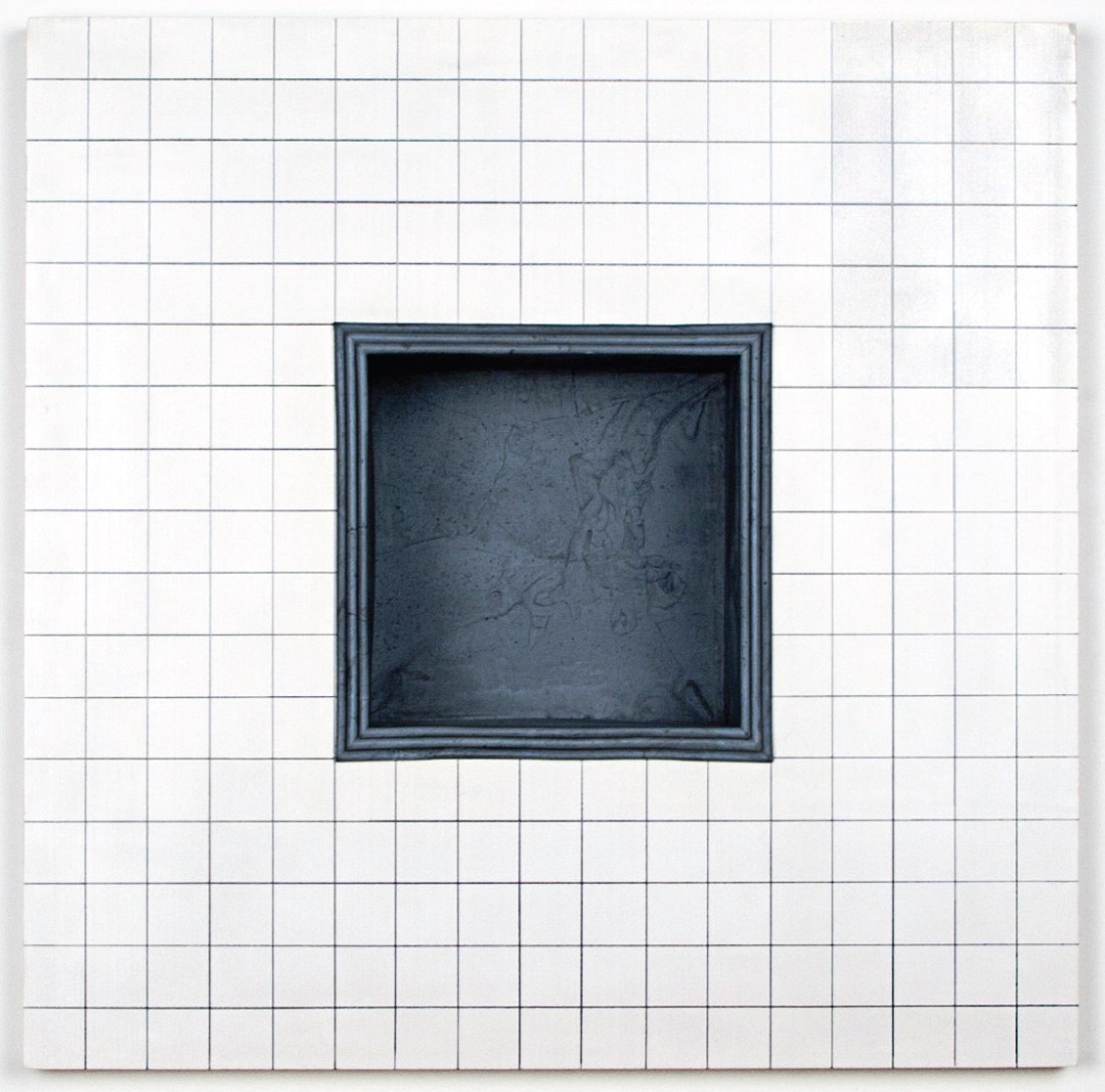 Jackie Winsor, Inset Wall Piece, White Face, One-Inch Grid with Gray Stepped Inset, 1995.