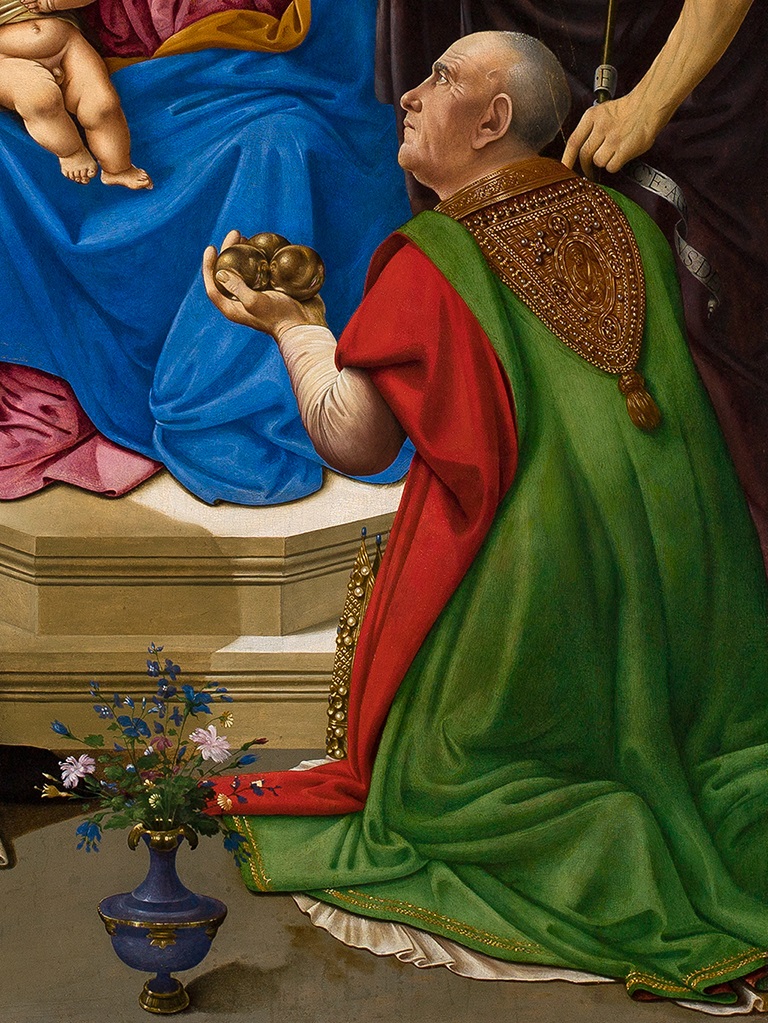 Piero di Cosimo, Madonna and Child Enthroned with Saints Peter, John the Baptist, Dominic and Nicholas of Bari (Pala Pugliese) (detail), c. 1481-85. Collection of the Saint Louis Art Museum.