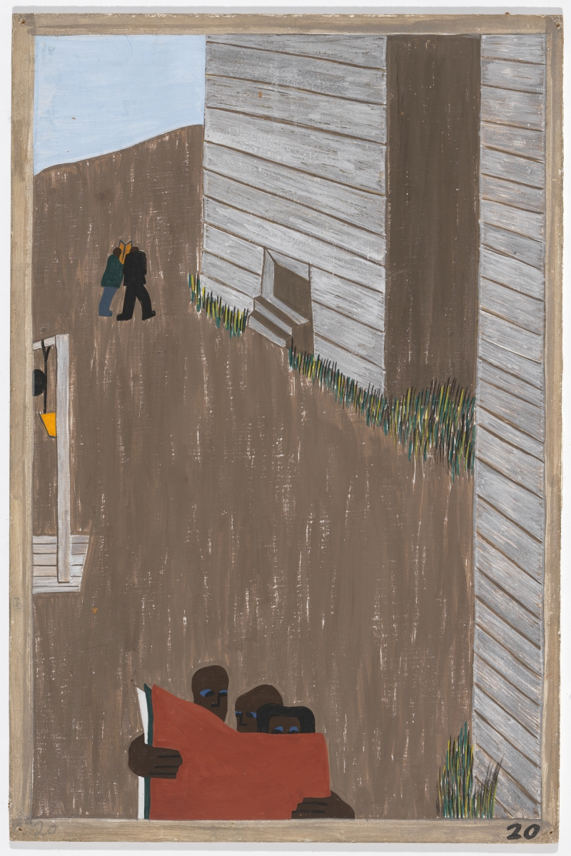 Jacob Lawrence, Panel 20 from "The Migration Series," 1941. 1941 caption: In many of the communities the Negro press was read continually because of its attitude and its encouragement of the movement. 1993 caption: In many of the communities the Black press was read with great interest. It encouraged the movement.