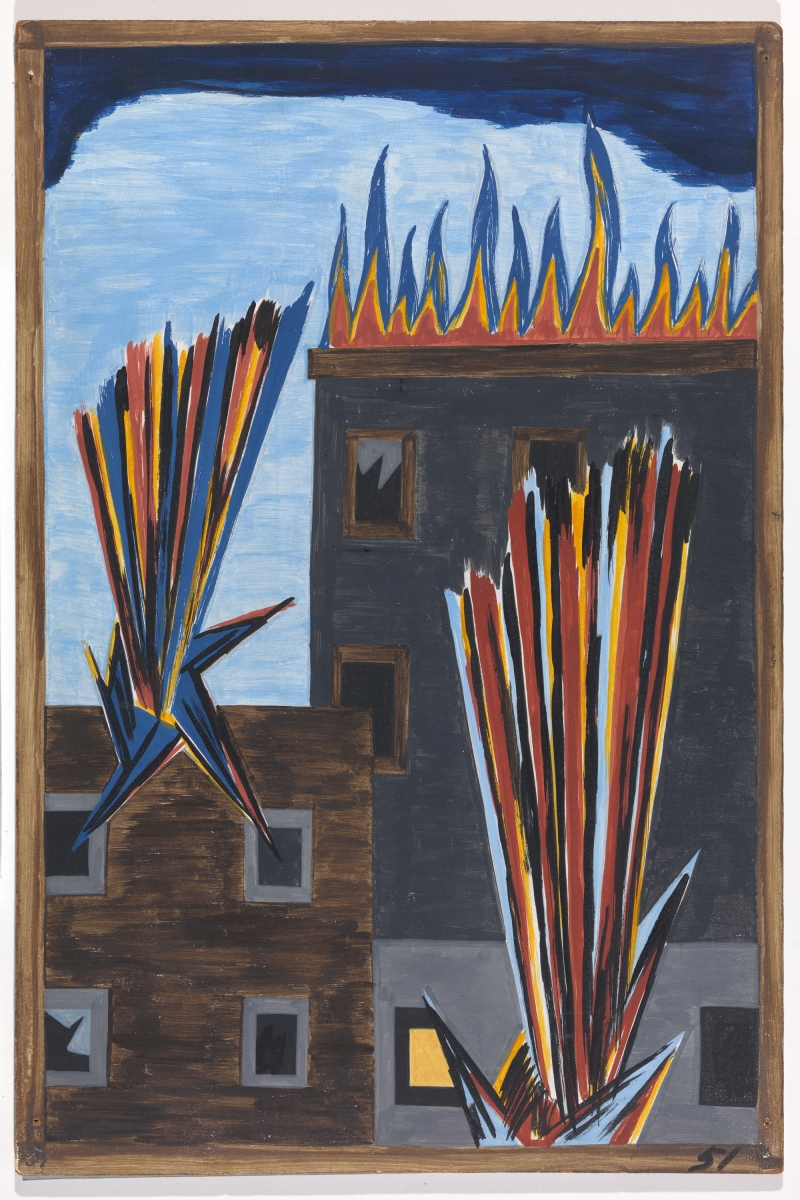 Jacob Lawrence, Panel 51 from "The Migration Series," 1941. 1941 caption: In many cities in the North where the Negroes had been overcrowded in their own living quarters they attempted to spread out. This resulted in many of the race riots and the bombings of Negro homes. 1993 caption: African Americans seeking to find better housing attempted to move into new areas. This resulted in the bombing of their new homes.