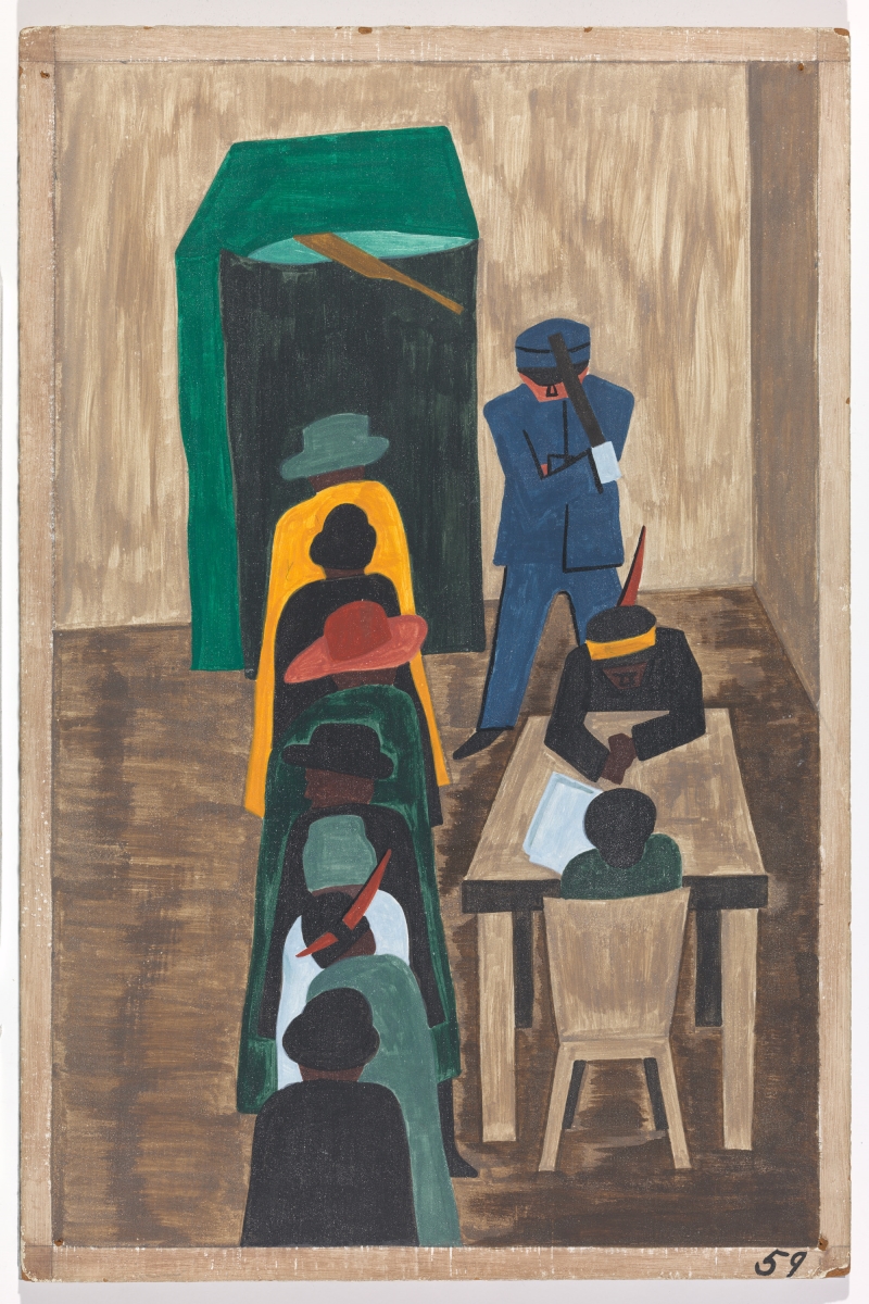Jacob Lawrence, Panel 59 from "The Migration Series," 1941. 1941 caption: In the North the Negro had freedom to vote. 1993 caption: In the North they had the freedom to vote.