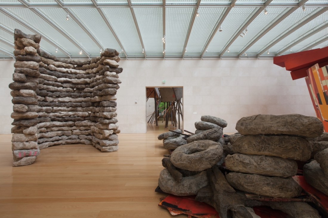 Installation view of Phyllida Barlow, "tryst," at the Nasher Sculpture Center, Dallas.