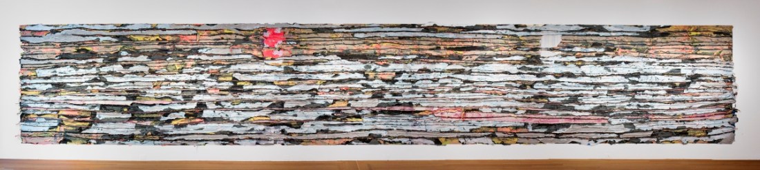 Mark Bradford, Pull Painting 1, 2015. [Installation view at Wadsworth Atheneum, Hartford, Conn.]