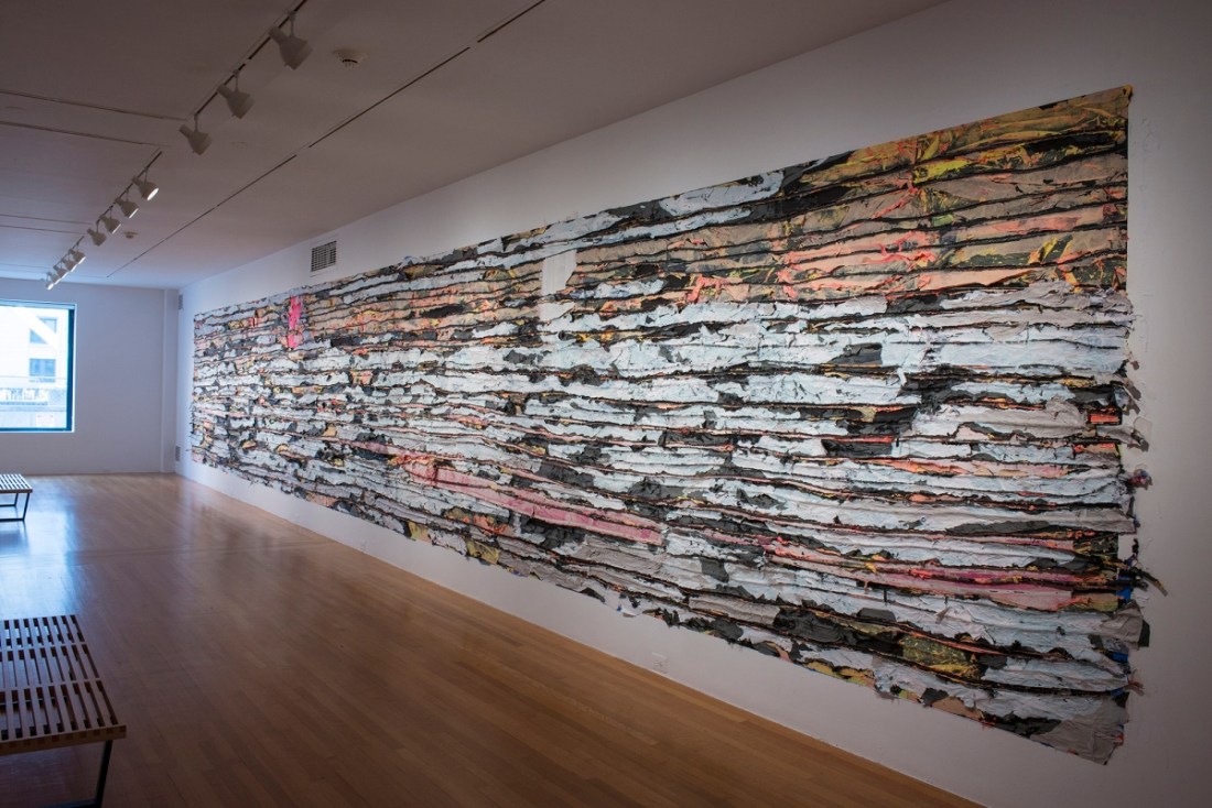 Mark Bradford, Pull Painting 1, 2015. [Installation view at Wadsworth Atheneum, Hartford, Conn.]