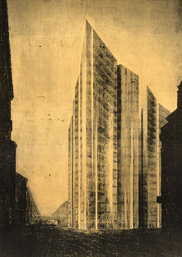 Mies van der Rohe, Friedrichstrasse Skyscraper Project, Perspective of Northeast Corner, 1921.