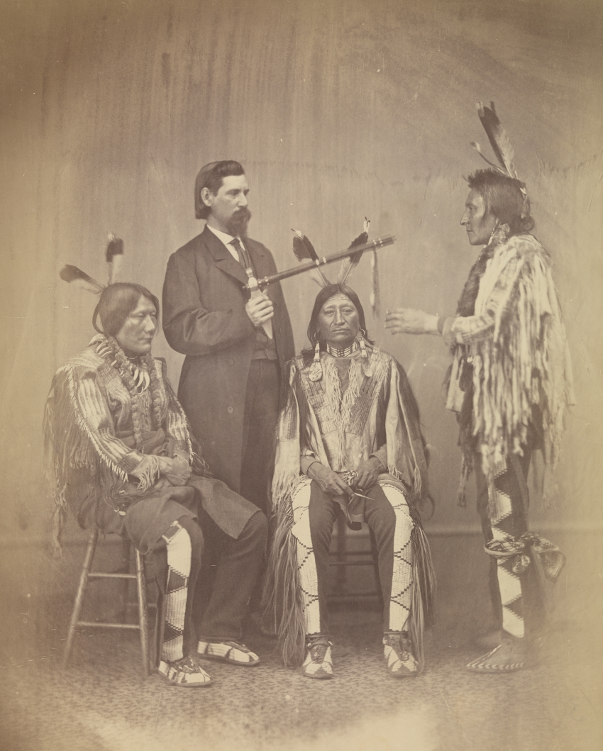 Alexander Gardner, Lakota delegates Medicine Bull, Iron Nation and Yellow Hawk with their interpreter, Washington, DC, 1867.