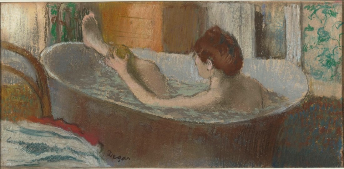 Edgar Degas, Woman in Her Bath, Sponging Her Leg, c. 1880-85. Pastel over monotype on paper.