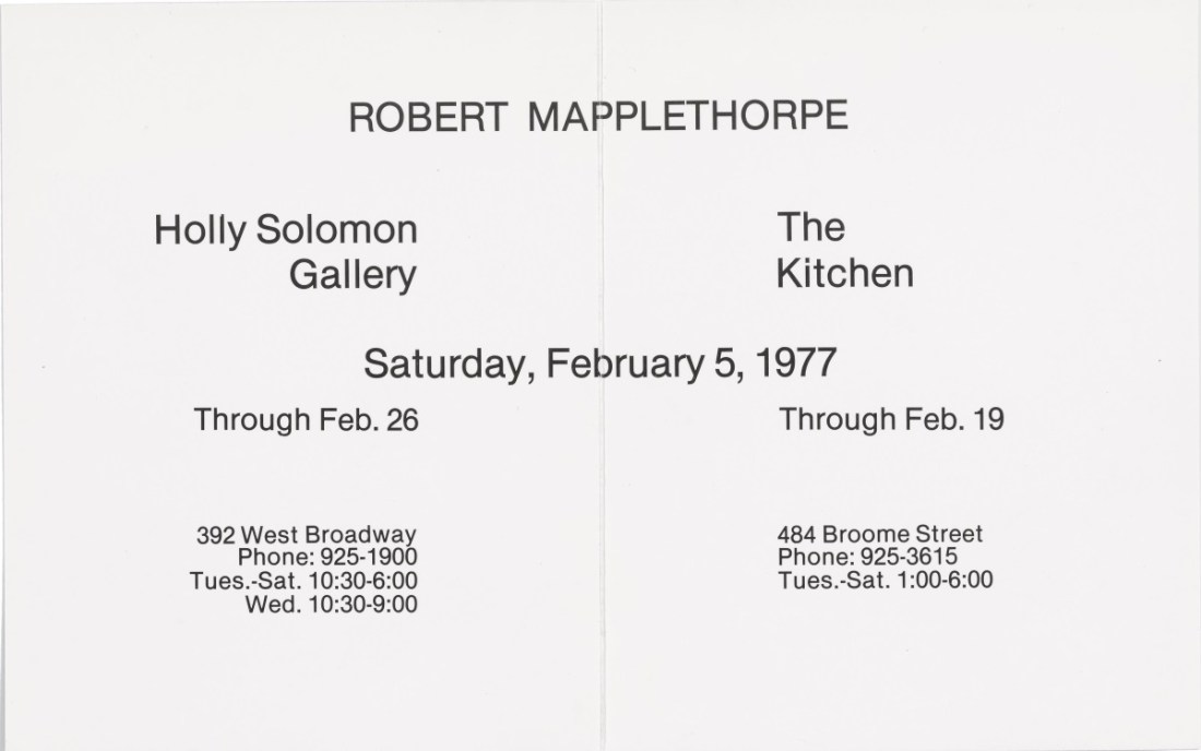 Announcement for Robert Mapplethorpe's exhibition at Holly Solomon Gallery and The Kitchen, New York, 1977.