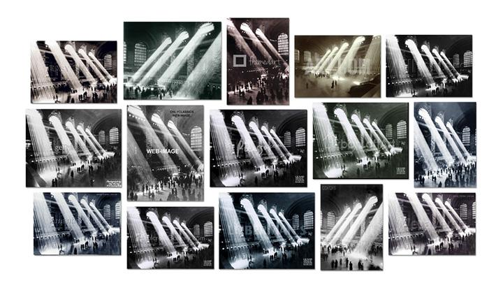 Penelope Umbrico, Four photographs of Rays of Sunlight in Grand Central Station, Grand Central Terminal, 1903-1913, 1920, 1926, 1928, 1929, 1934, 1937, 1940, 1930-1940, 1935-1941, 1947, or 2010, by John Collier, Philip Gendreau Herbert, Edward Hulton, Kurt Hulton, Edward Lunch, Maxi, Hal Morey, Henry Silberman, Warren and Wetmore Trowbridge, Underwood & Underwood, Unknown, or Anonymous (Courtesy: Associated Press, the author, Bettmann/Corbis, Hal Morey / Getty Images, Getty Images, Hulton Collection, Hulton-Getty, Hutton Collection, New York City Municipal Archives, New York Transit Museum, New York City Parks and Landmarks, Royal Geographical Society, SuperStock/Corbis, Underwood & Underwood, Warren and Wetmore, or Image in Public Domain), 2015.