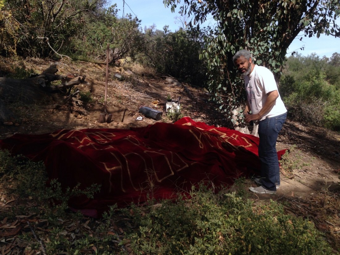 Hamza Walker in Los Angeles's Elysian Park, participating in Rafa Esparza's installation for "Made in L.A." at the Hammer Museum. 
