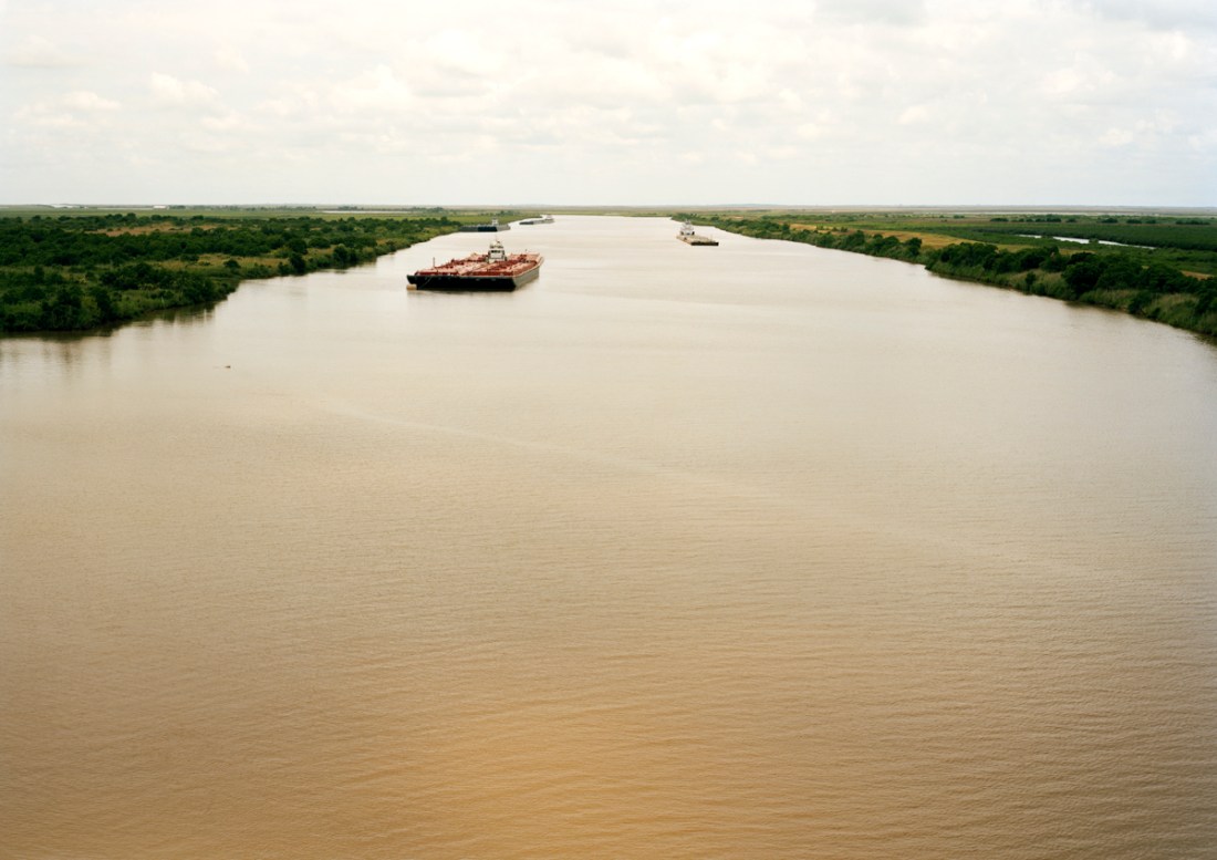 Victoria Sambunaris, Untitled (Intercoastal Waterway with red barge), Bolivar Peninsula, TX.