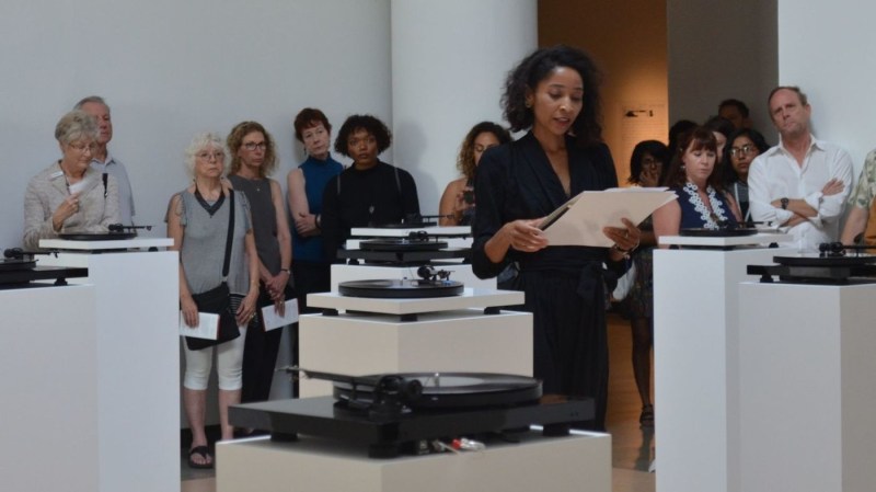 lauren woods in American Monument as installed at the University Art Museum at California State University Long Beach, September, 2018.